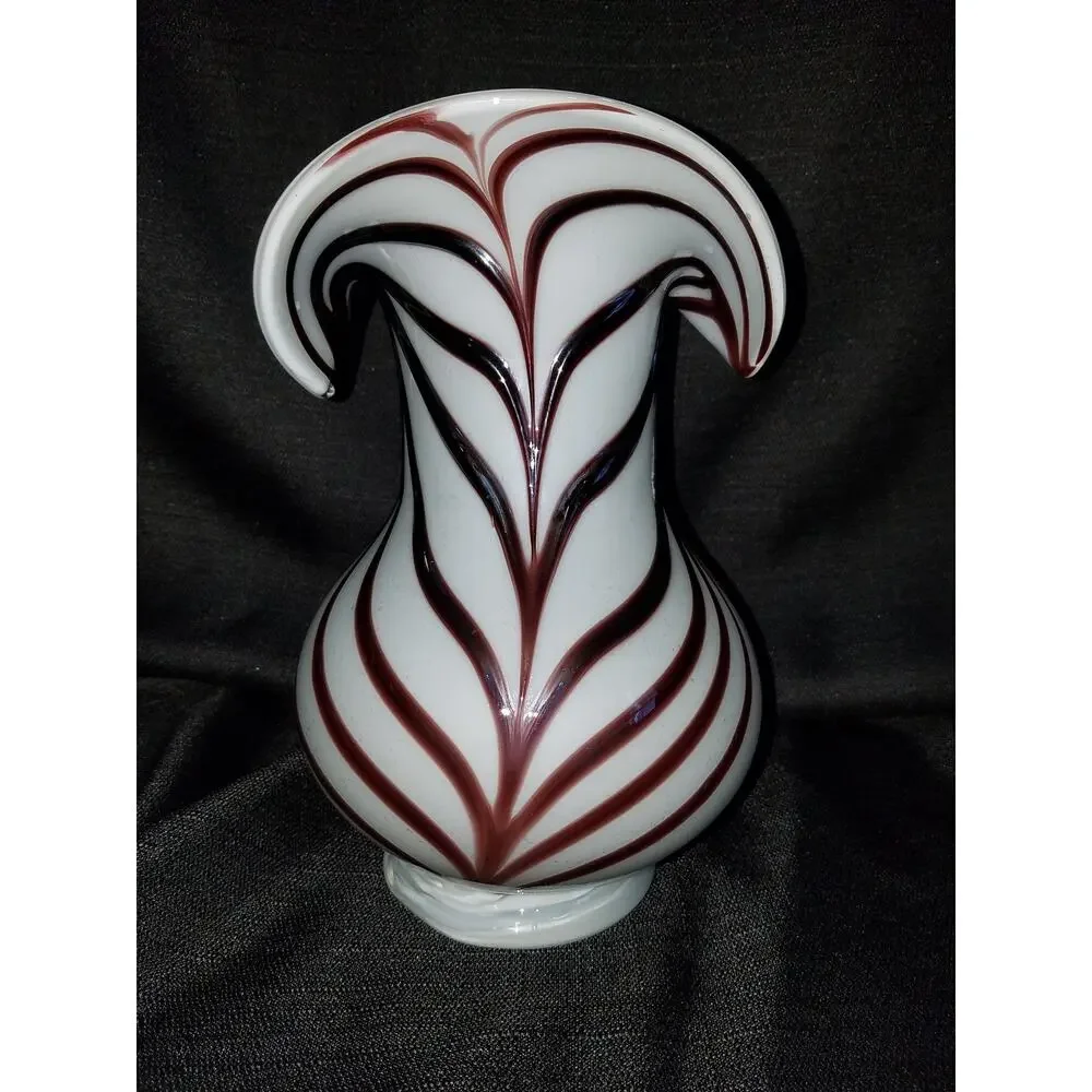 Vintage Hand-blown White & Dark Cherry Vase